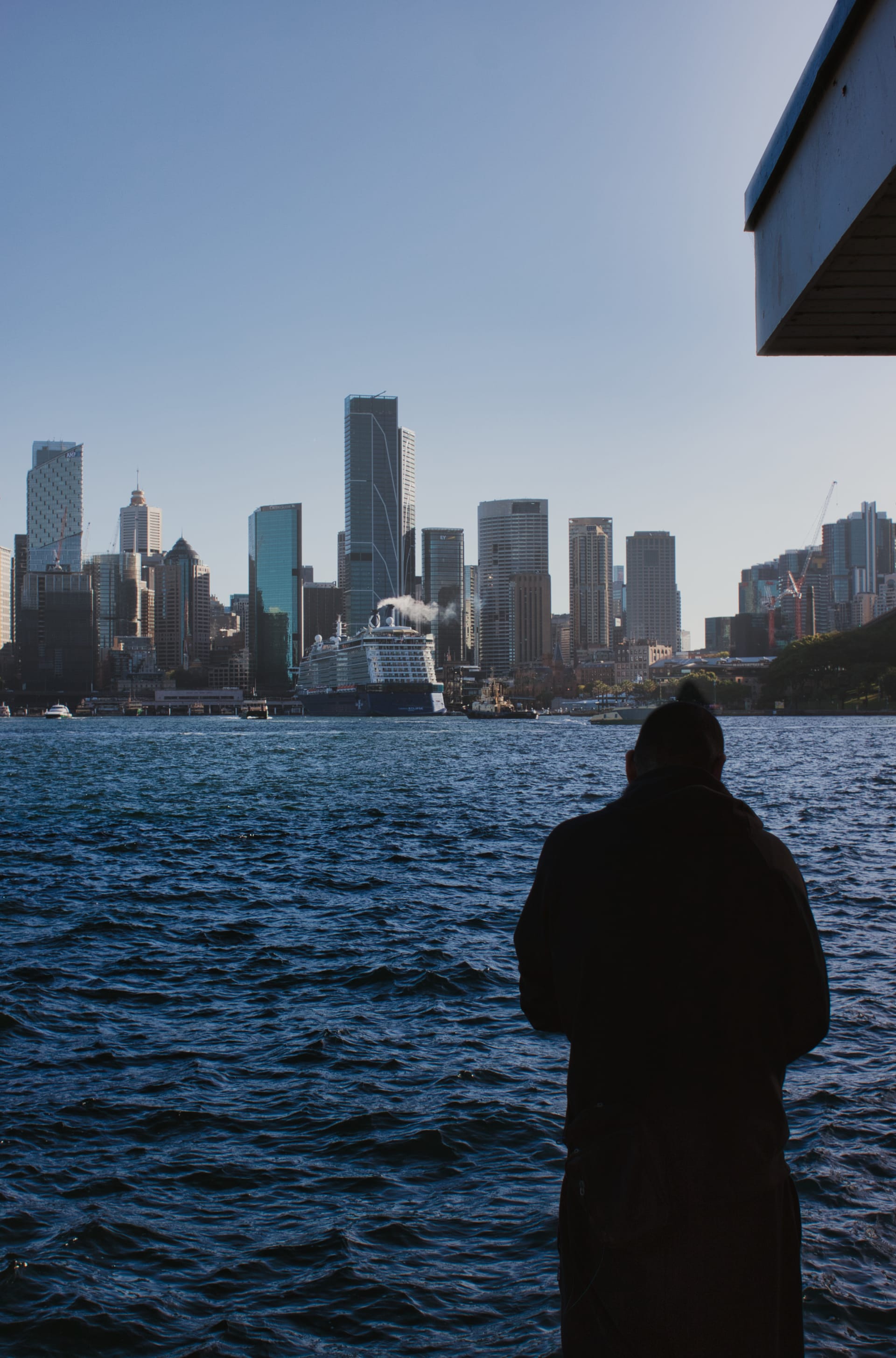 A man catching fish with a fishing line and a pair of hands. Taken near sunset next to the Sydney Habour Bridge, across the bay from the iconic opera house.