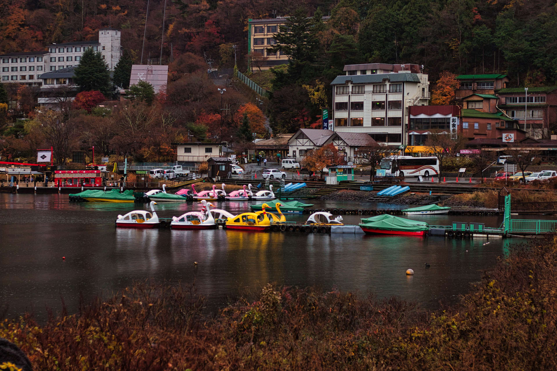 A rainy day at Kawaguchi-ko, the premier destination to see Mount Fuji. It's possible to rent these cute paddle boats to go further onto the lake.